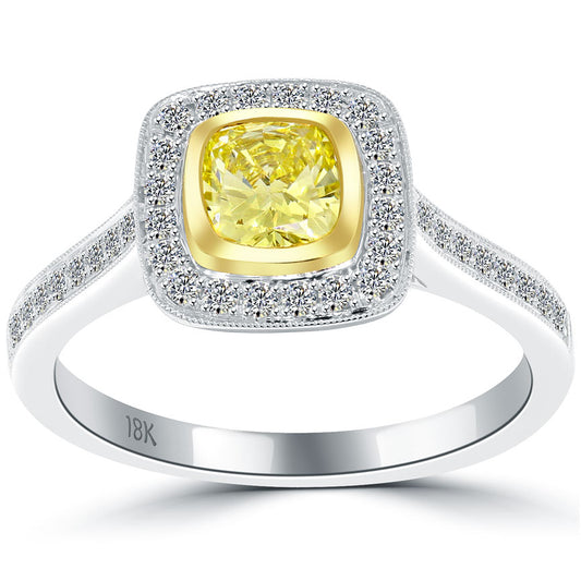 1.18 Carat Fancy Yellow Cushion Cut Diamond Engagement Ring 18k Vintage Style