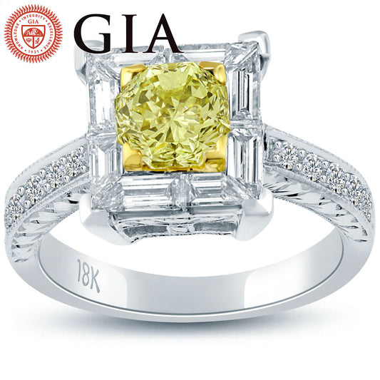 2.30 Ct GIA Certified Natural Fancy Yellow Octagonal Cut Diamond Engagement Ring