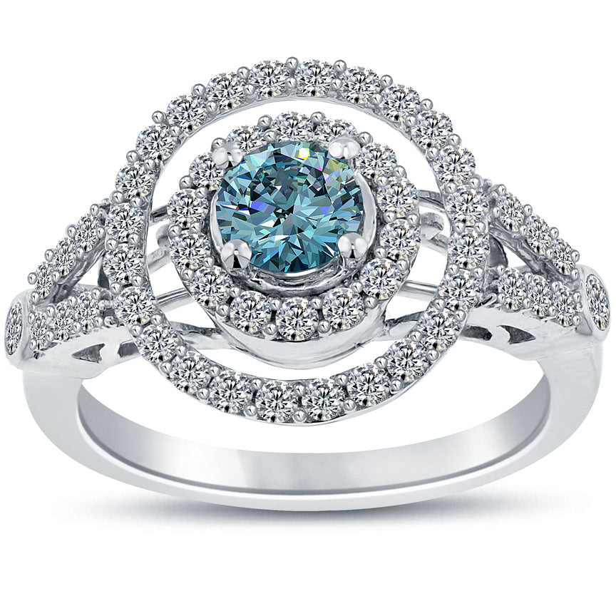 1.66 Carat Fancy Blue Diamond Engagement Ring 14k White Gold Pave Halo Vintage