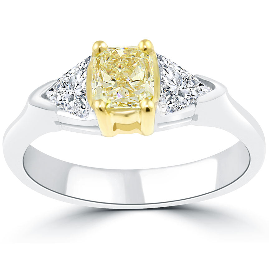 1.51 Carat Cushion Cut Fancy Yellow Three Stone Diamond Engagement Ring 14k Gold
