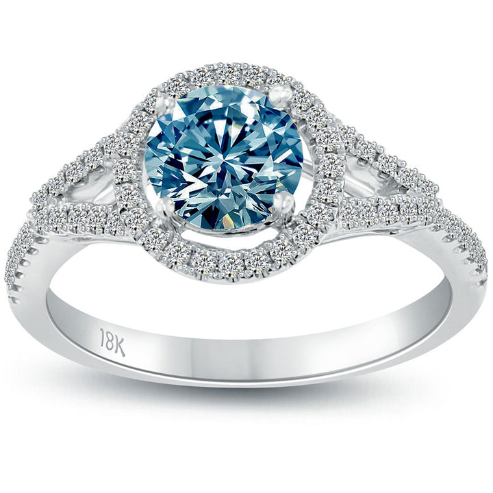 1.38 Carat Fancy Blue Diamond Engagement Ring 18k Gold Pave Halo Vintage Style