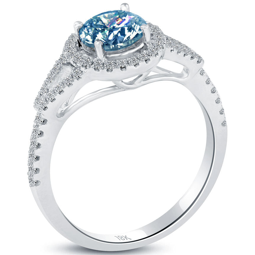 1.38 Carat Fancy Blue Diamond Engagement Ring 18k Gold Pave Halo Vintage Style