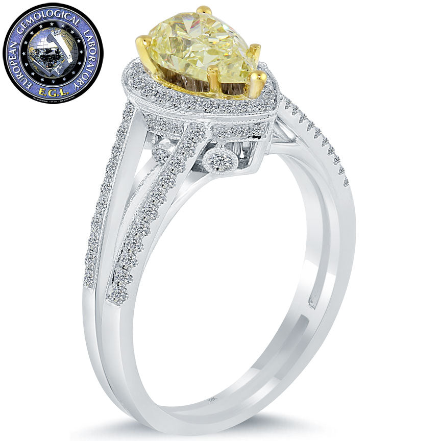 1.53 Carat EGL Certified Natural Fancy Yellow Pear Shape Diamond Engagement Ring