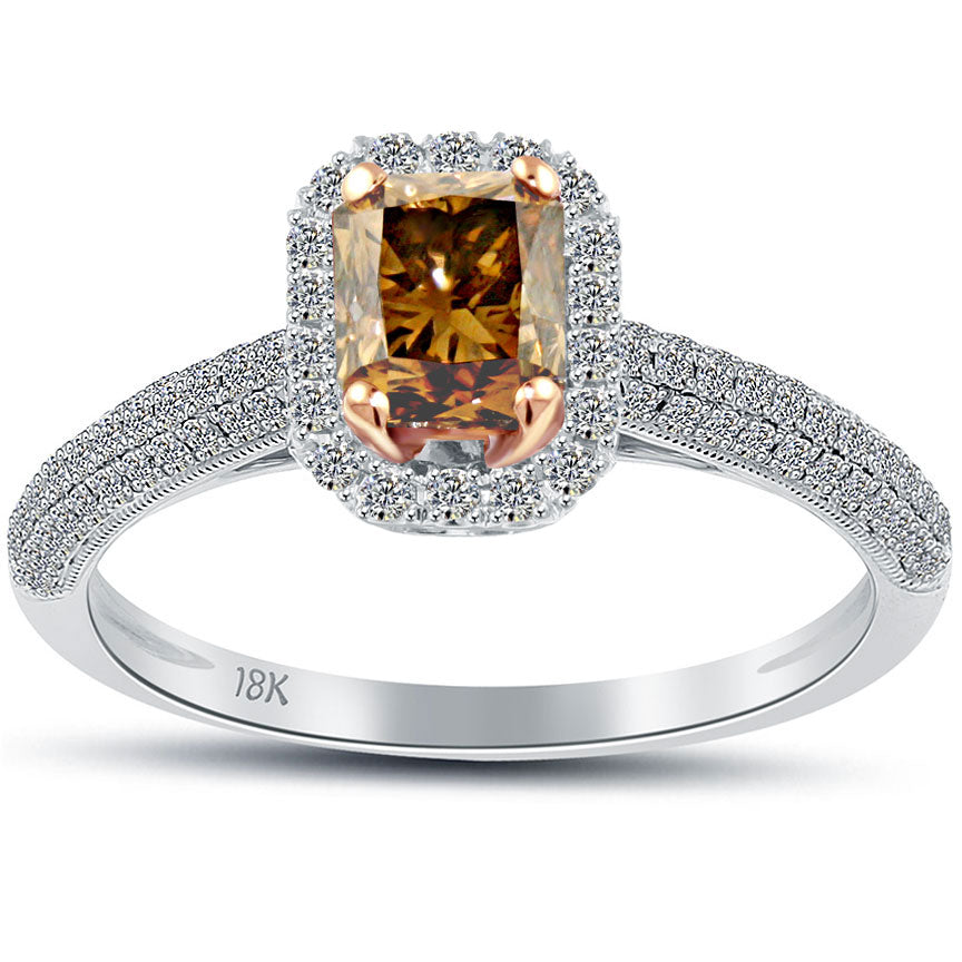 1.41 Carat Fancy Cognac Brown Radiant Cut Diamond Engagement Ring 18k Pave Halo