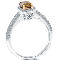 1.41 Carat Fancy Cognac Brown Radiant Cut Diamond Engagement Ring 18k Pave Halo