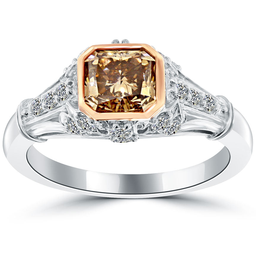 1.72 Carat Fancy Cognac Brown Radiant Cut Diamond Engagement Ring Vintage Style