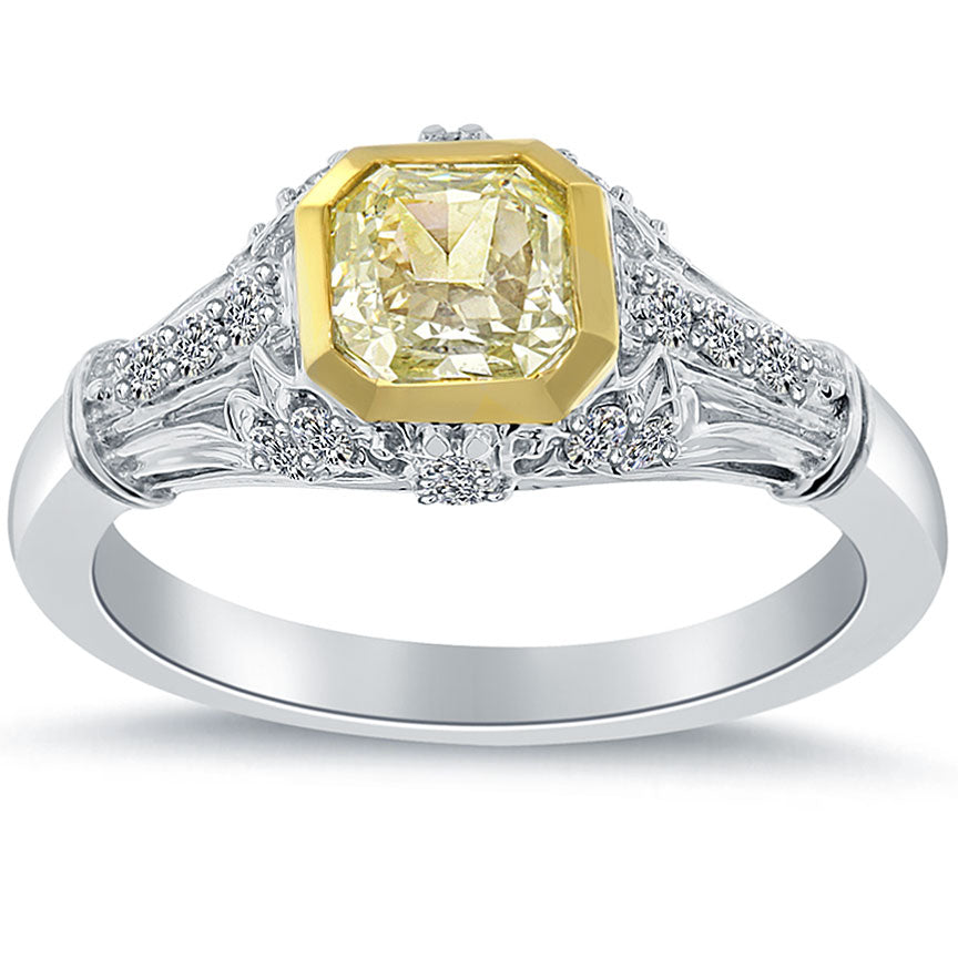 1.54 Carat Fancy Yellow Radiant Cut Diamond Engagement Ring 14k Vintage Style