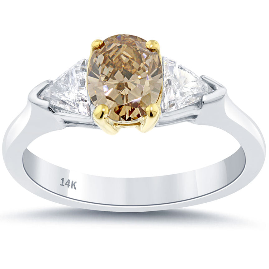 2.07 Carat Fancy Cognac Brown Oval Cut Three Stone Diamond Engagement Ring 14k