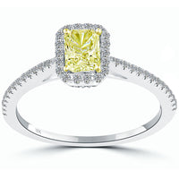 0.99 Carat Fancy Yellow Radiant Cut Diamond Engagement Ring 18k Gold Pave Halo