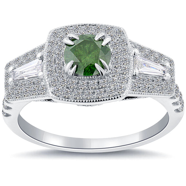 1.21 Carat Fancy Green Diamond Engagement Ring 14k White Gold Pave Halo