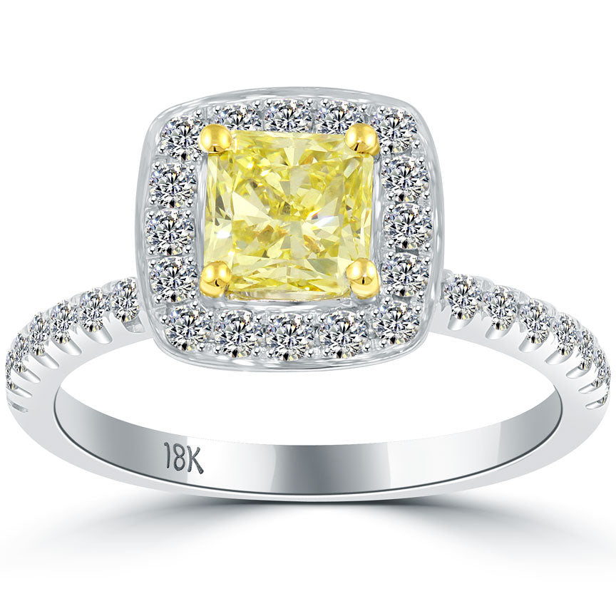 1.71 Carat Fancy Yellow Radiant Cut Diamond Engagement Ring 18k Gold Pave Halo