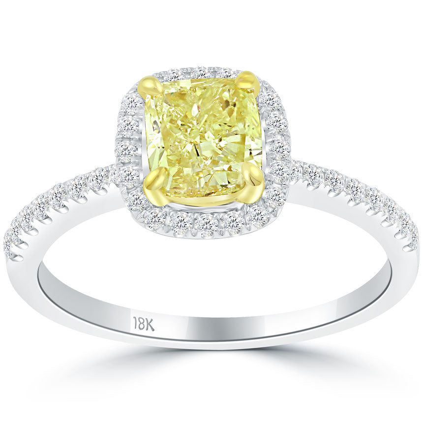 1.30 Carat Fancy Yellow Cushion Cut Diamond Engagement Ring 14k Gold Pave Halo