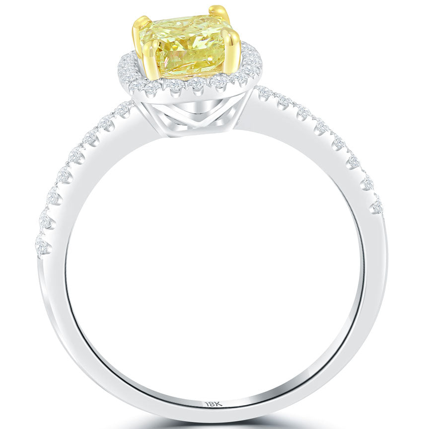 1.30 Carat Fancy Yellow Cushion Cut Diamond Engagement Ring 14k Gold Pave Halo