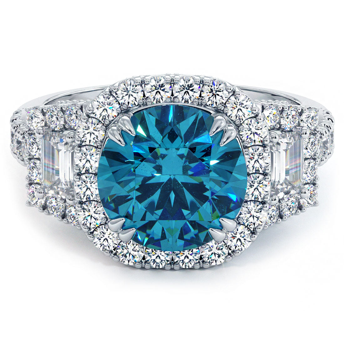 3.86 Carat Fancy Blue Diamond Engagement Ring 14k Gold Pave Halo Vintage Style