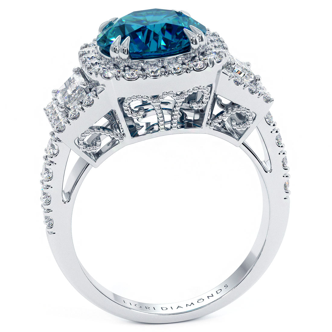 3.86 Carat Fancy Blue Diamond Engagement Ring 14k Gold Pave Halo Vintage Style