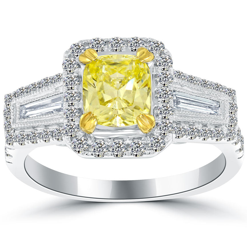 2.22 Carat Fancy Yellow Cushion Cut Diamond Engagement Ring 14k Vintage Style