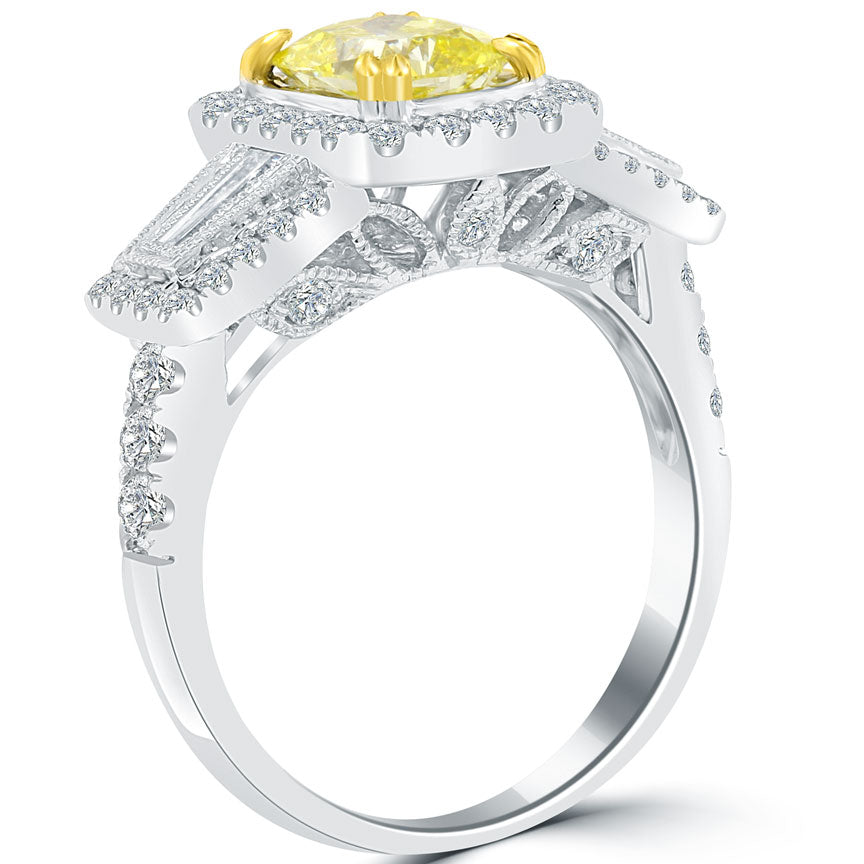 2.22 Carat Fancy Yellow Cushion Cut Diamond Engagement Ring 14k Vintage Style
