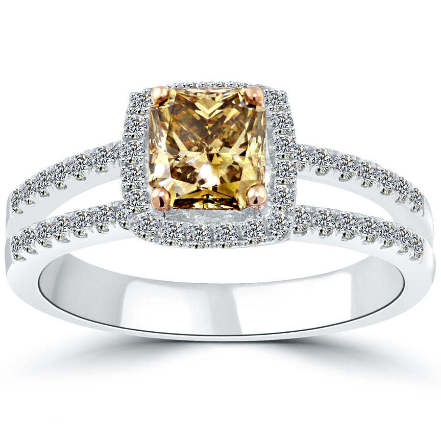 1.83 Carat Fancy Cognac Brown Radiant Cut Diamond Engagement Ring 14k Pave Halo