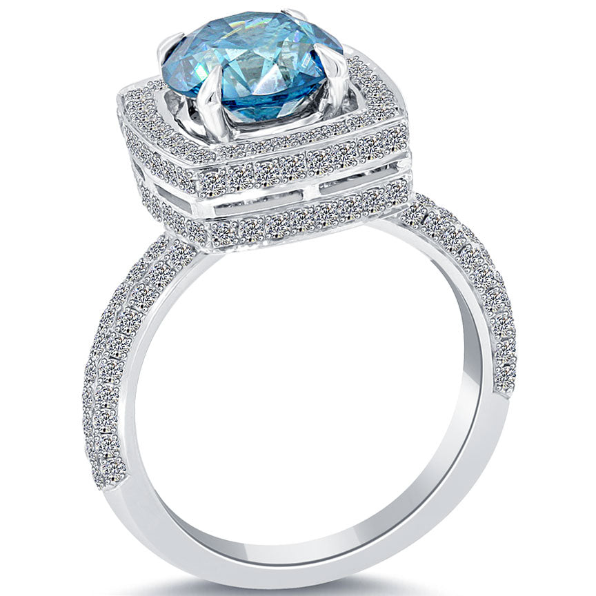 4.08 Carat Fancy Blue Diamond Engagement Ring 14k White Gold Pave Halo