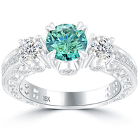 2.68 Carat Fancy Blue & White Round Cut Three Stone Diamond Engagement Ring 18k