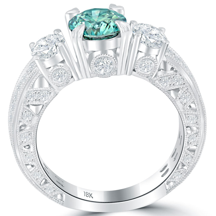 2.68 Carat Fancy Blue & White Round Cut Three Stone Diamond Engagement Ring 18k