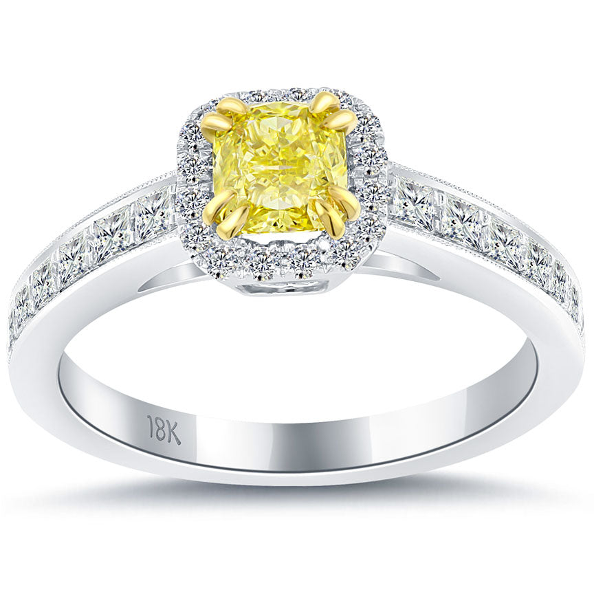 1.12 Carat Fancy Yellow Cushion Cut Diamond Engagement Ring 18k Gold Pave Halo