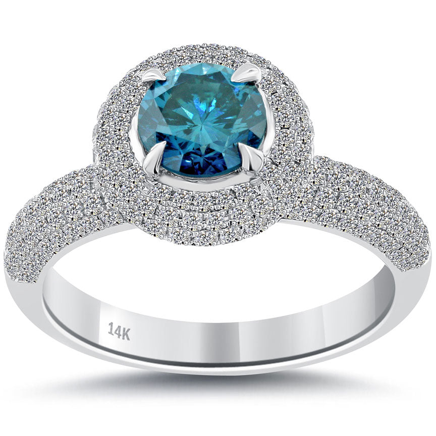 2016 Pave Halo Blue Diamond Ring In White Gold Front Top