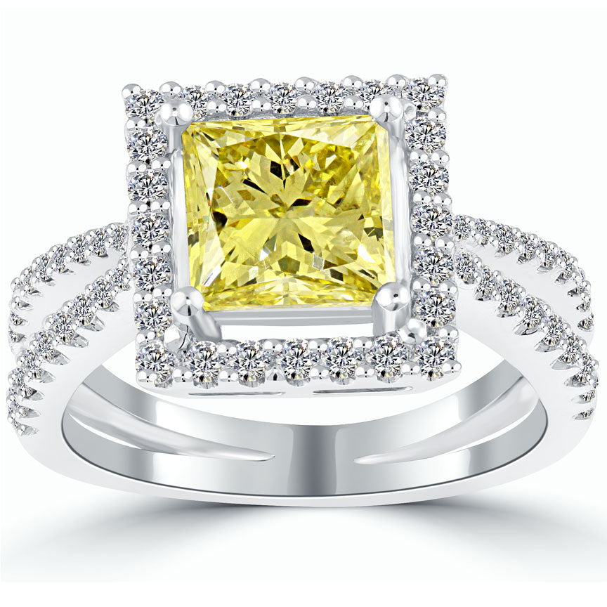 2.73 Carat Fancy Yellow Princess Cut Diamond Engagement Ring 18k Pave Halo
