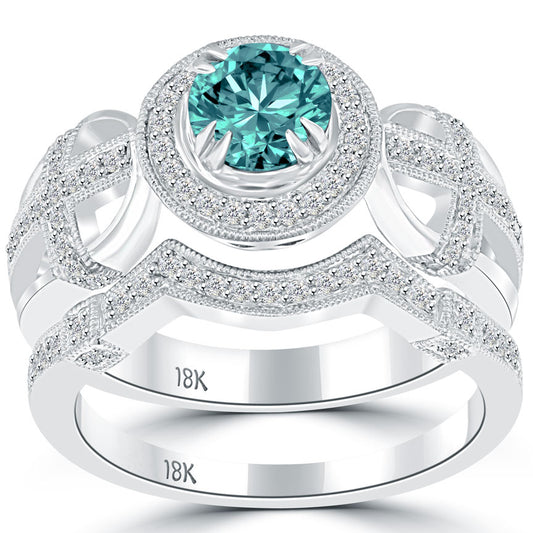 1.42 Carat Fancy Blue Round Cut Diamond Engagement Ring & Wedding Band Set 18k