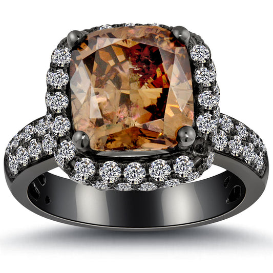 6.04 Carat Fancy Cognac Brown Cushion Cut Diamond Engagement Ring 14k Black Gold