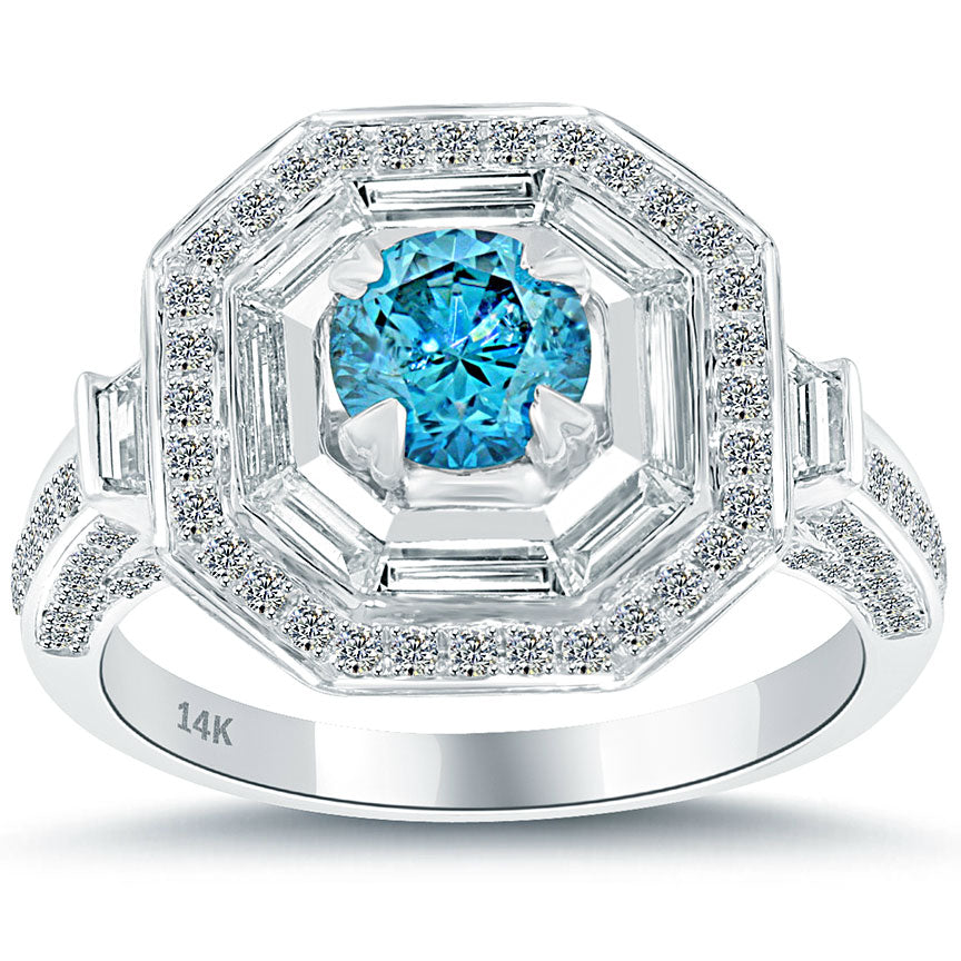 2.07 Carat Fancy Blue Diamond Engagement Ring 14k Gold Pave Halo Vintage Style