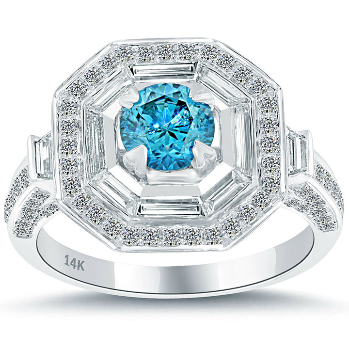 2.07 Carat Fancy Blue Diamond Engagement Ring 14k Gold Pave Halo Vintage Style