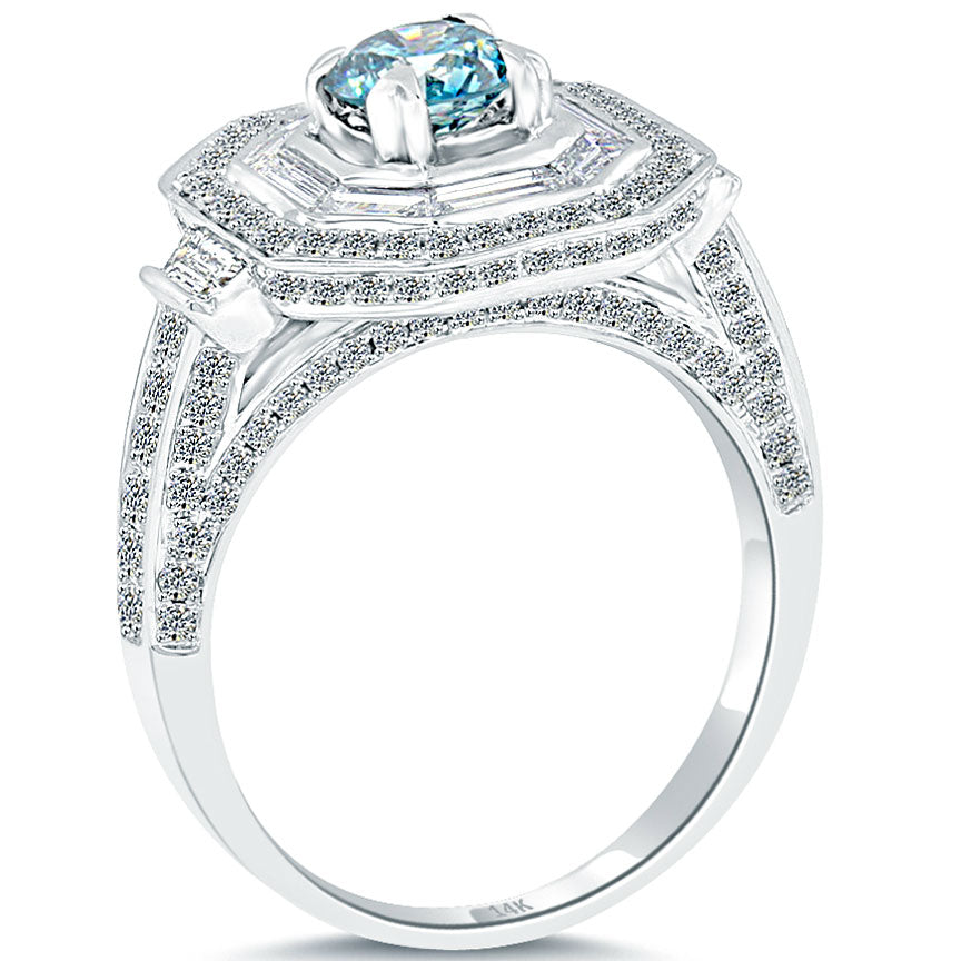 2.07 Carat Fancy Blue Diamond Engagement Ring 14k Gold Pave Halo Vintage Style