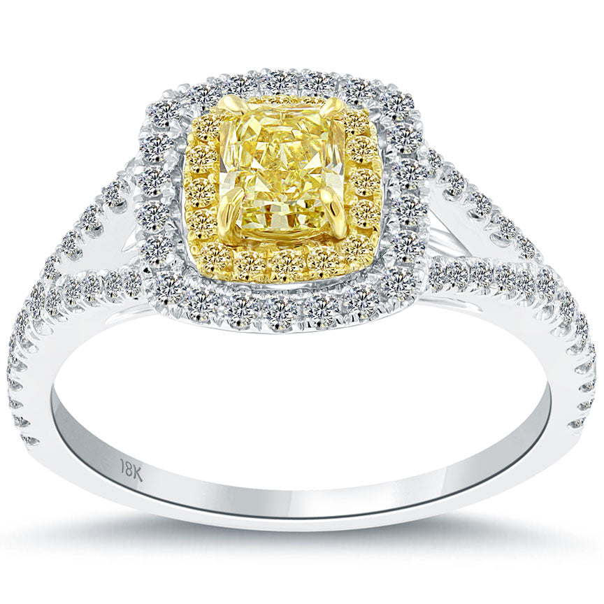 1.07 Carat Fancy Yellow Radiant Cut Diamond Engagement Ring 18k Gold Pave Halo