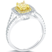 1.07 Carat Fancy Yellow Radiant Cut Diamond Engagement Ring 18k Gold Pave Halo