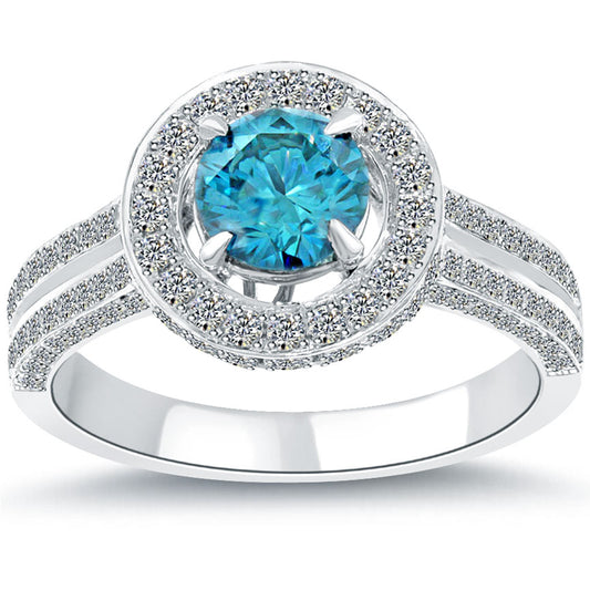 1.55 Carat Fancy Blue Diamond Engagement Ring 14k White Gold Pave Halo Front