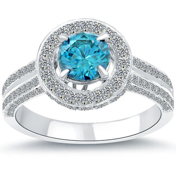 1.55 Carat Fancy Blue Diamond Engagement Ring 14k White Gold Pave Halo