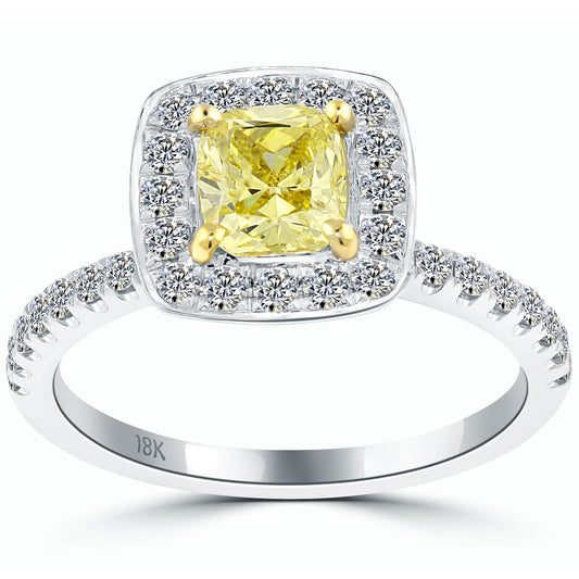 1.84 Carat Fancy Yellow Cushion Cut Diamond Engagement Ring 18k Gold Pave Halo