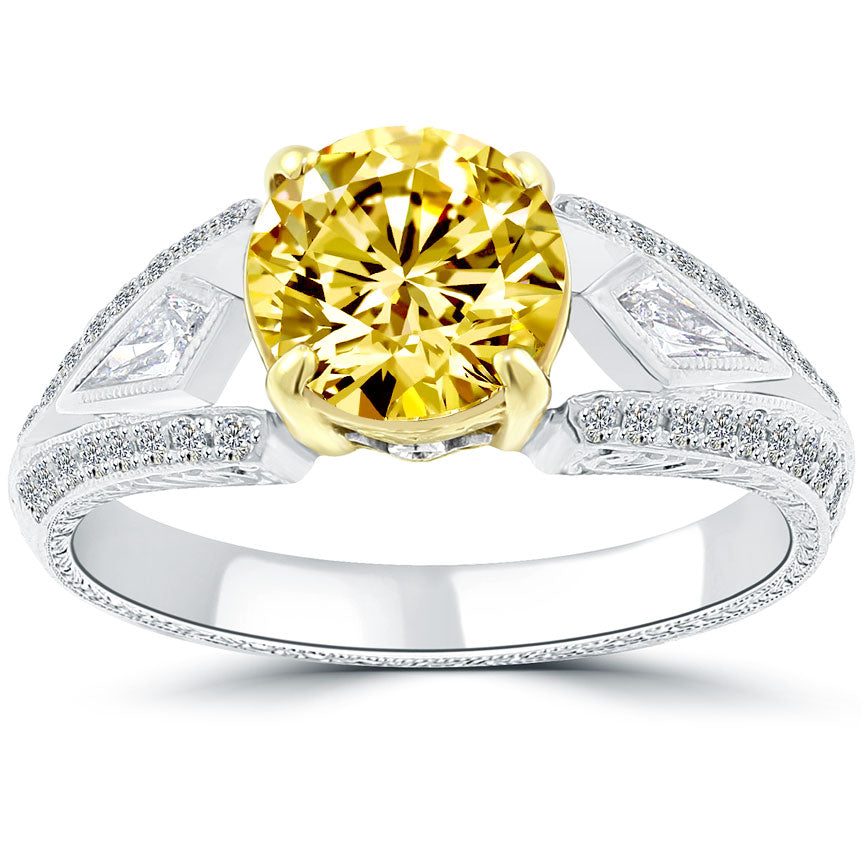 2.11 Carat Fancy Vivid Yellow Round Diamond Engagement Ring 18k Vintage  Style