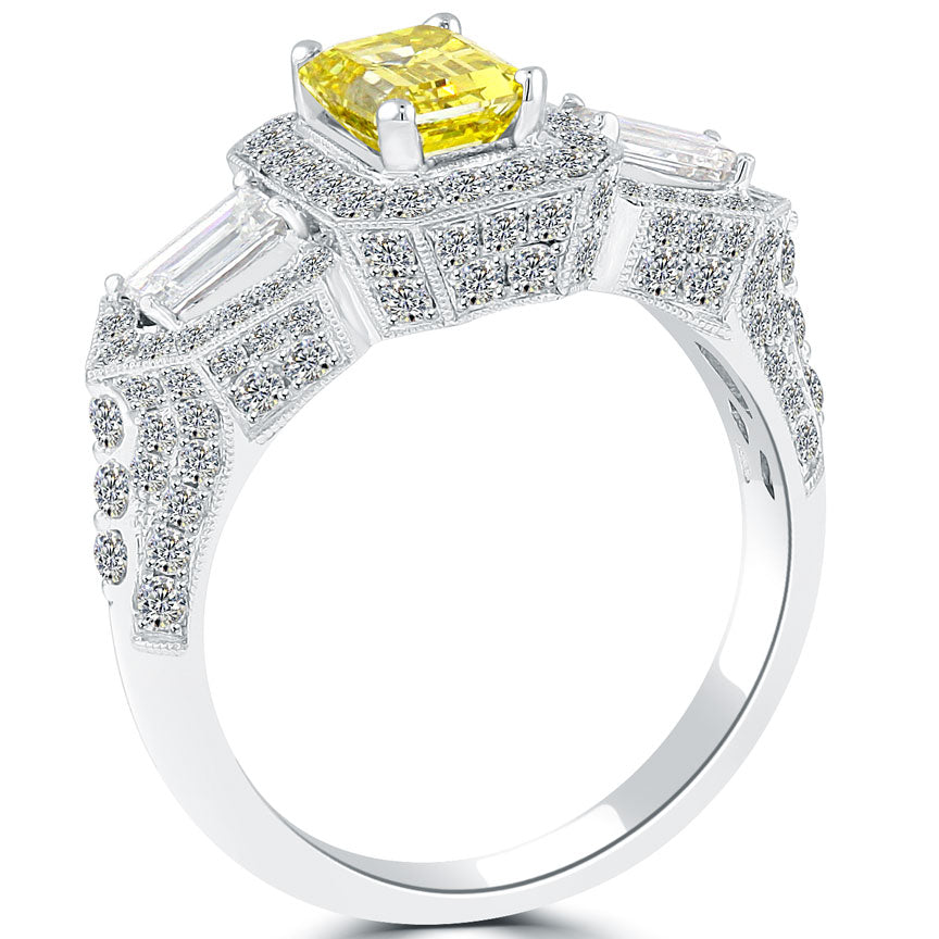 2.44 Carat Fancy Yellow Emerald Cut Diamond Engagement Ring 14k Gold Pave Halo