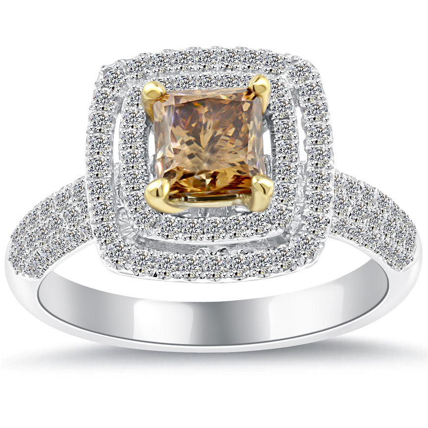 1.76 Carat Fancy Cognac Brown Princess Cut Diamond Engagement Ring 14k Pave Halo