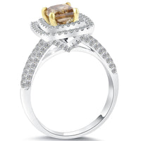 1.76 Carat Fancy Cognac Brown Princess Cut Diamond Engagement Ring 14k Pave Halo