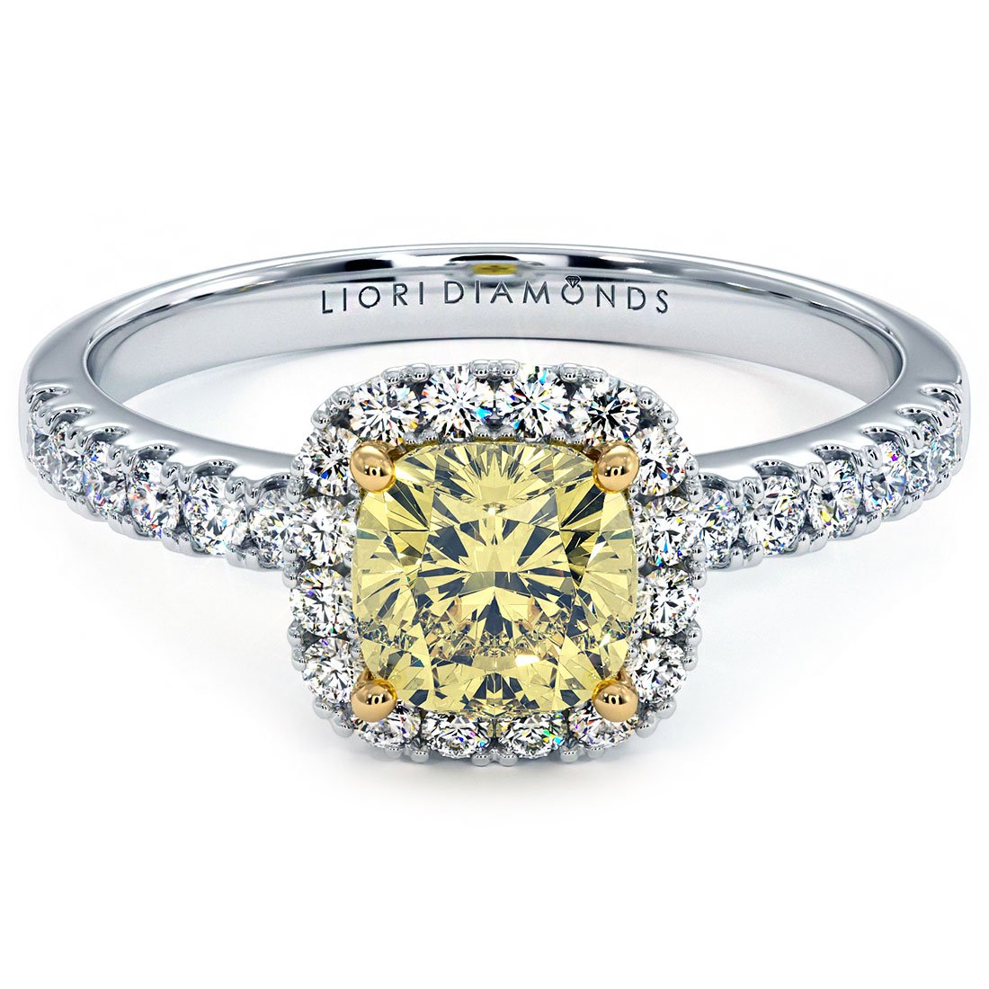 1.52 Carat Fancy Yellow Cushion Cut Diamond Engagement Ring 18k Gold Pave Halo