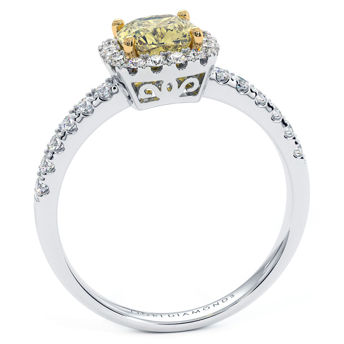 1.52 Carat Fancy Yellow Cushion Cut Diamond Engagement Ring 18k Gold Pave Halo