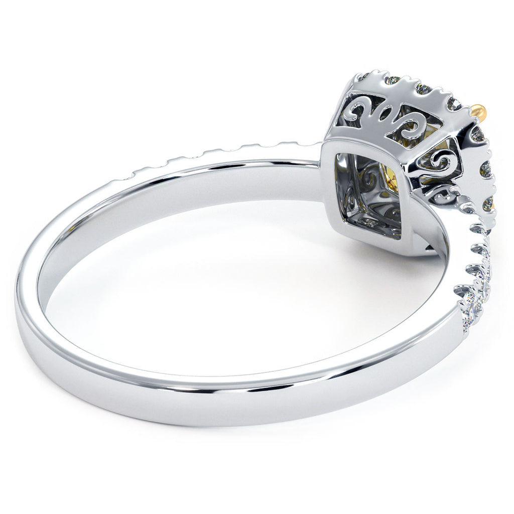 1.52 Carat Fancy Yellow Cushion Cut Diamond Engagement Ring 18k Gold Pave Halo