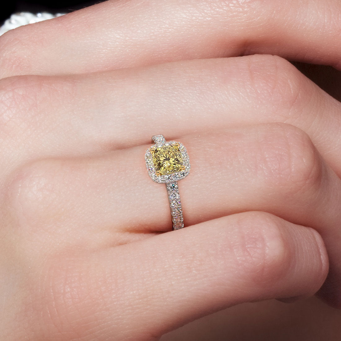 1.52 Carat Fancy Yellow Cushion Cut Diamond Engagement Ring 18k Gold Pave Halo