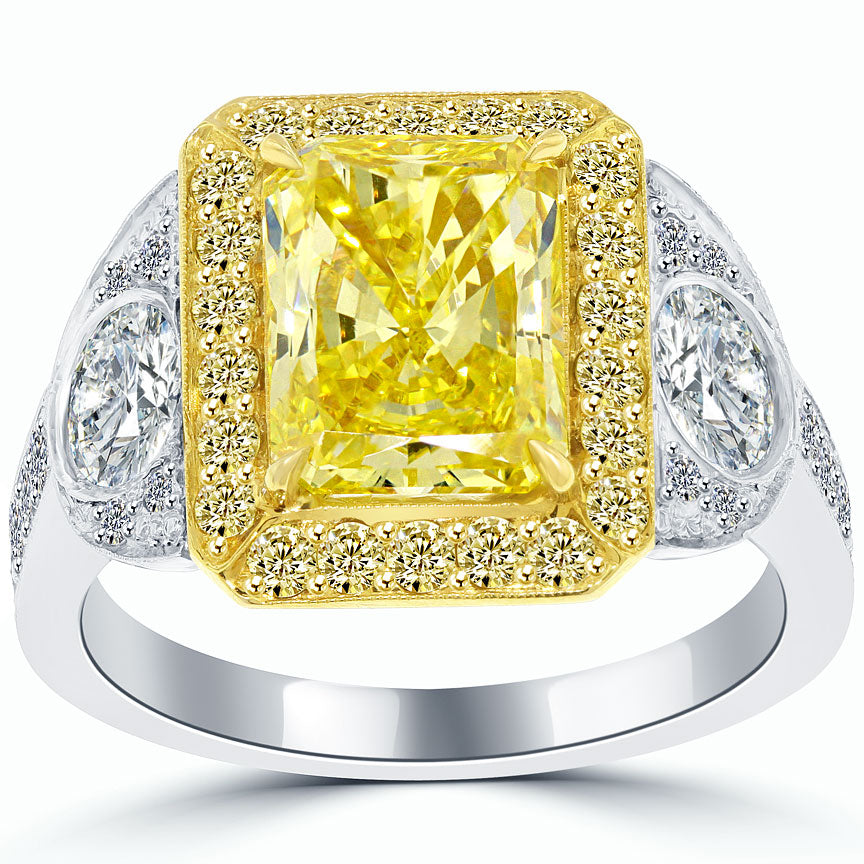 5.27 Carat Fancy Yellow Radiant Cut Diamond Engagement Ring 18k Pave Halo Front