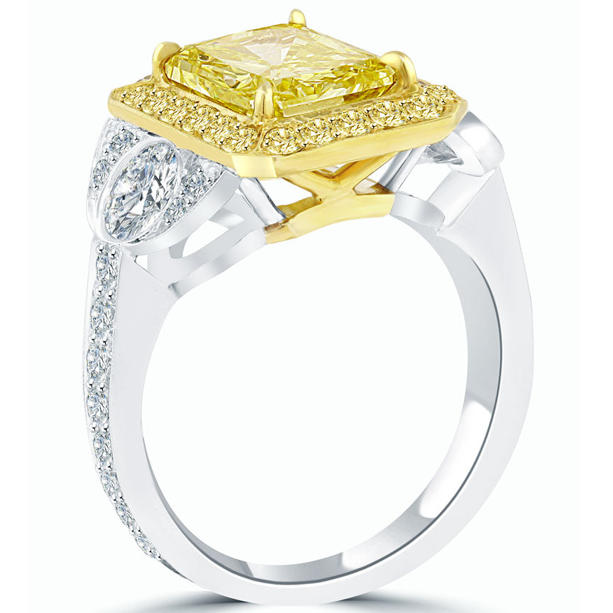 5.27 Carat Fancy Yellow Radiant Cut Diamond Engagement Ring 18k Pave Halo Side