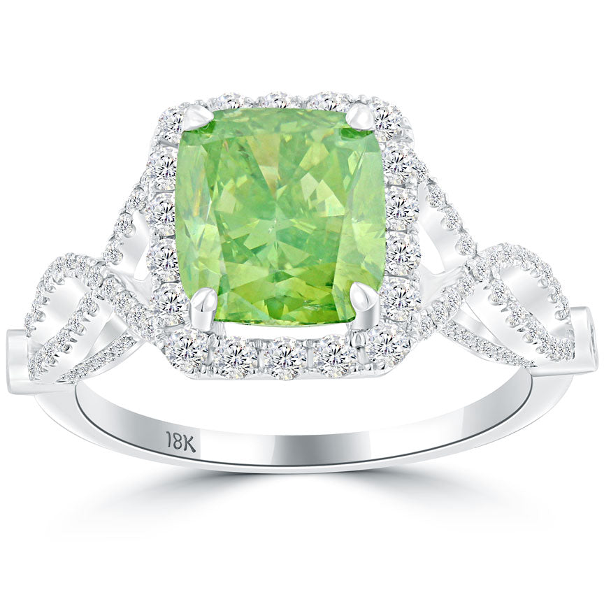 3.48 Carat Fancy Green Cushion Cut Diamond Engagement Ring 18k White Gold