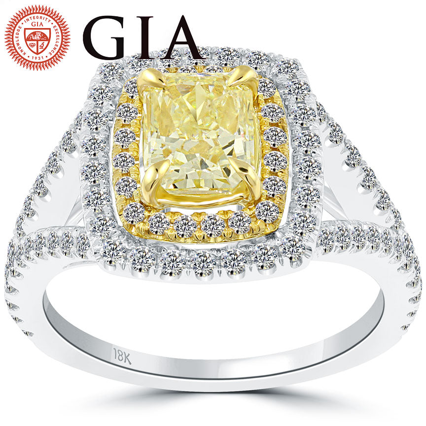 2.06 Carat GIA Certified Fancy Yellow Diamond Engagement Ring 18k Gold Pave Halo
